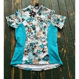 Sheila Moon Cycling Jersey Womens Large Teal Floral Short Sleeve Quarter Zip Top